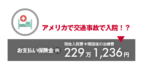 アメリカで交通事故で入院！？→お支払い保険金例：現地入院費+帰国後の治療費229万1,236円